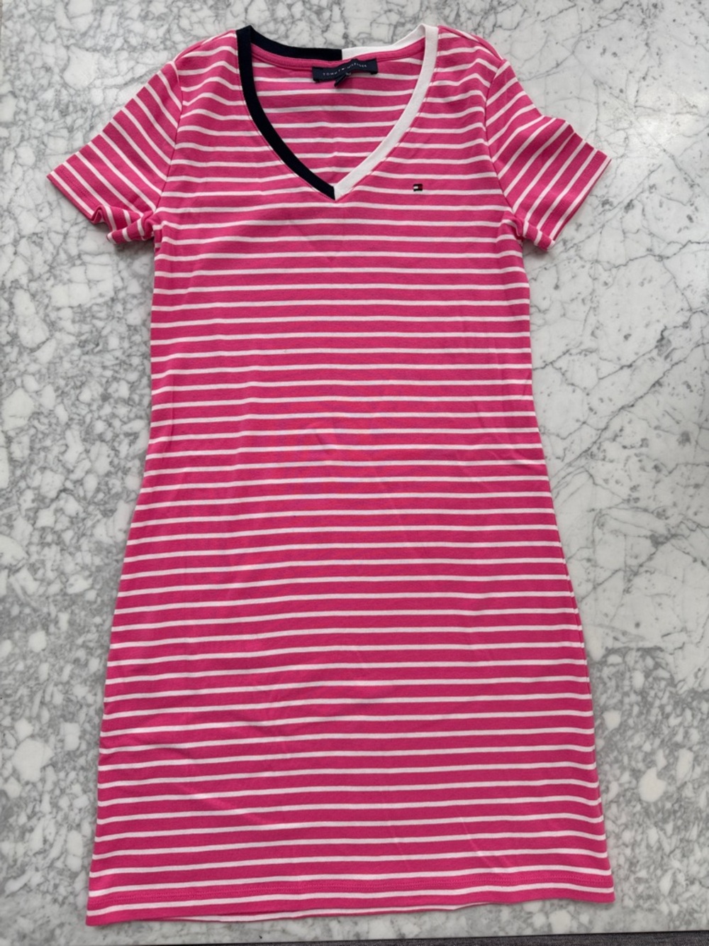 Tommy Hilfiger Pink & White Striped V-Neck Tee Dress with Contrast Trim
